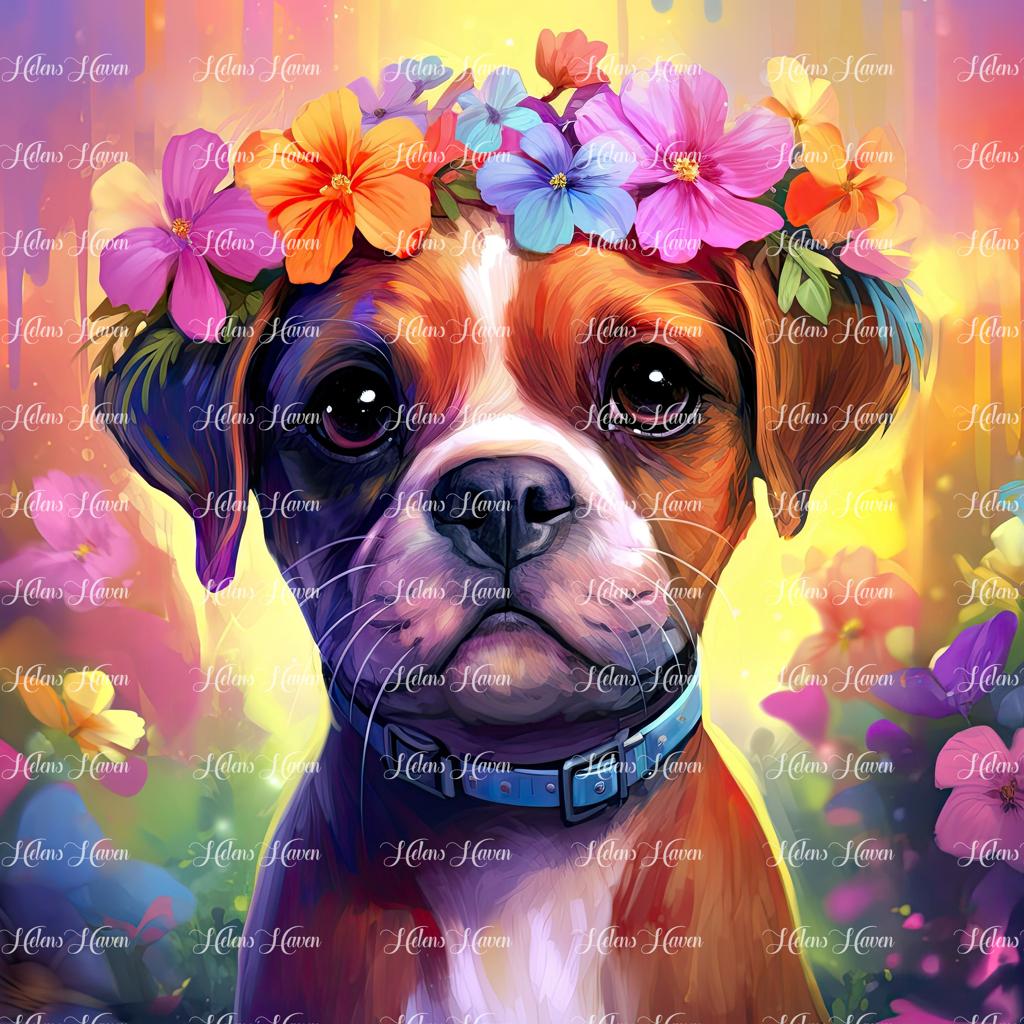 Boxer puppy in flowers