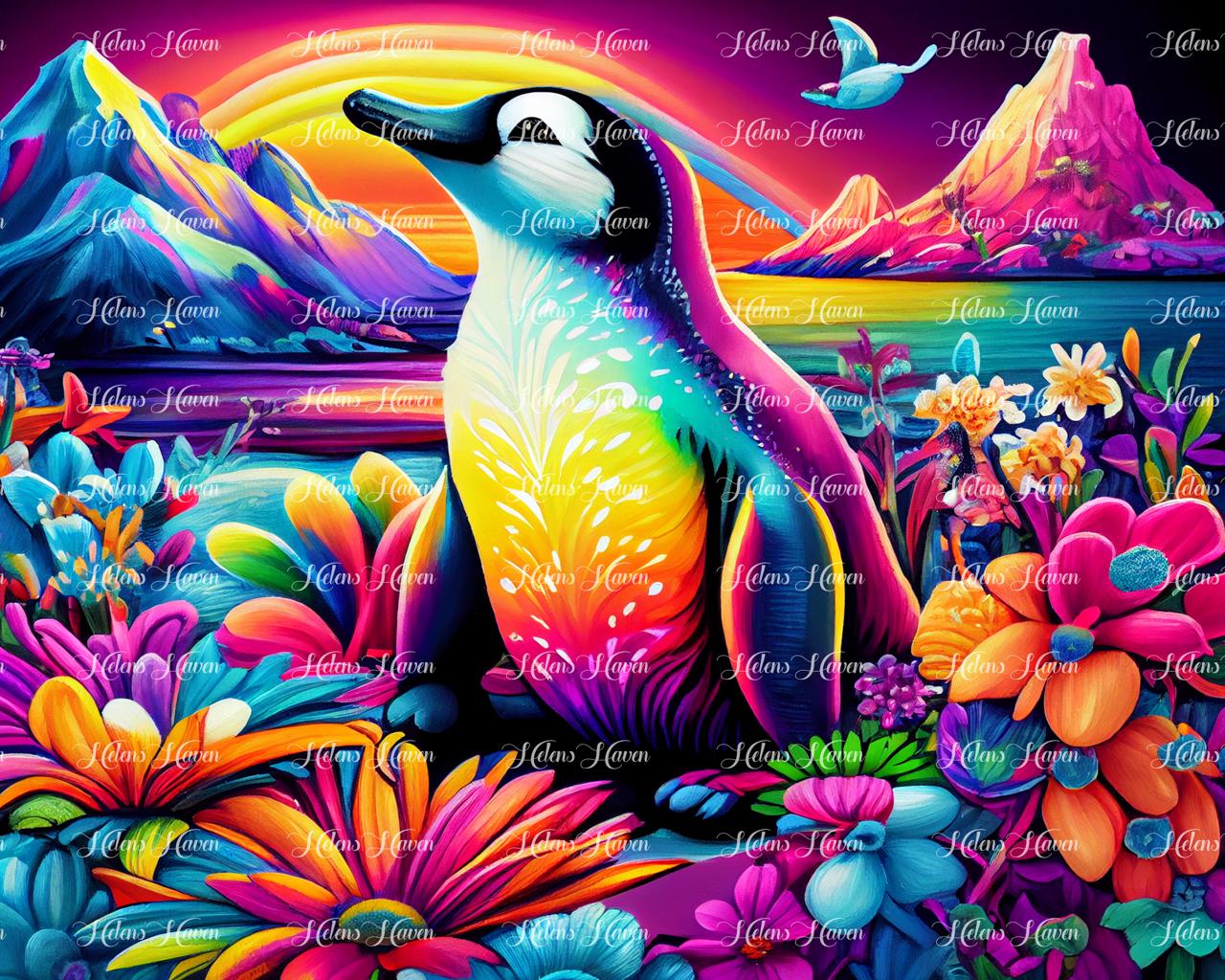 Penguin in neon flowers