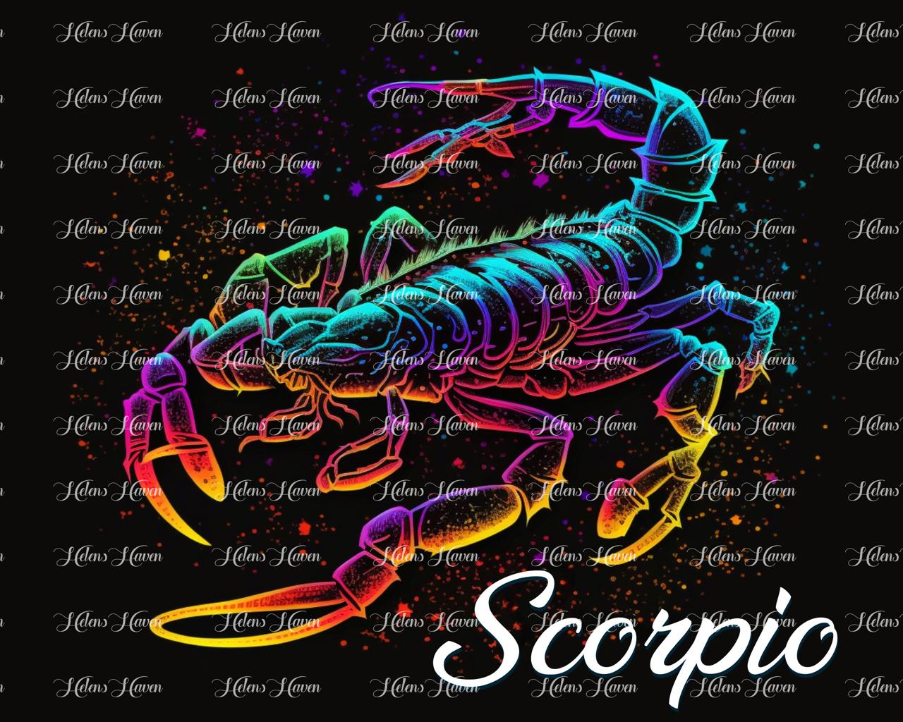 A neon scorpion floats delicately on a watercolour splashed galaxy representing Scorpio