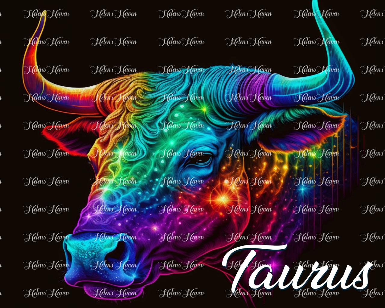A rainbow of neon colours form this bull representing Taurus