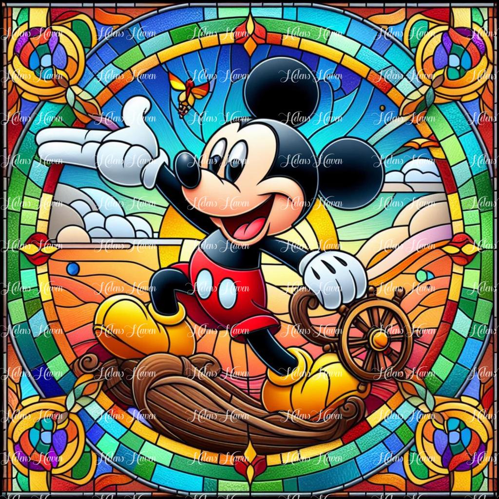 A mouse drives a boat rendered in Stained Glass