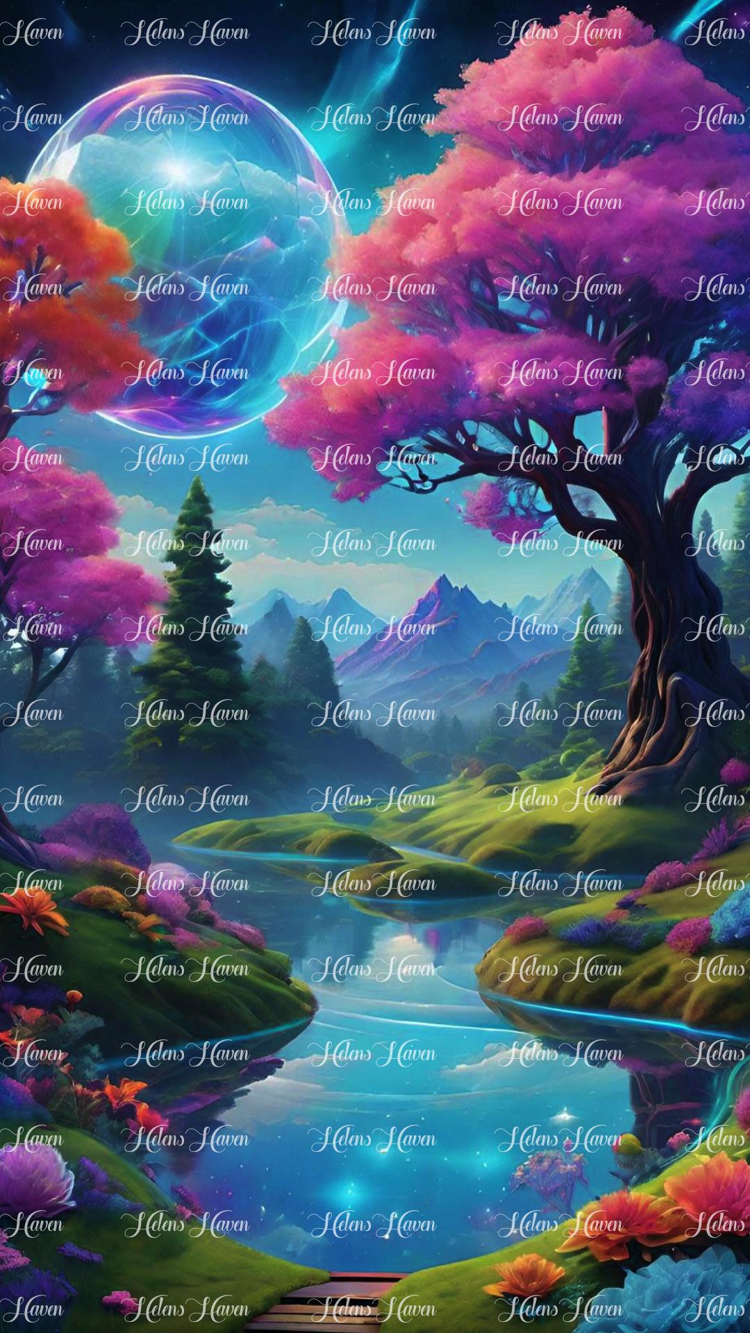 In the realm of fantasy, an ethereal lake stretches out beneath the canopy of pink trees,