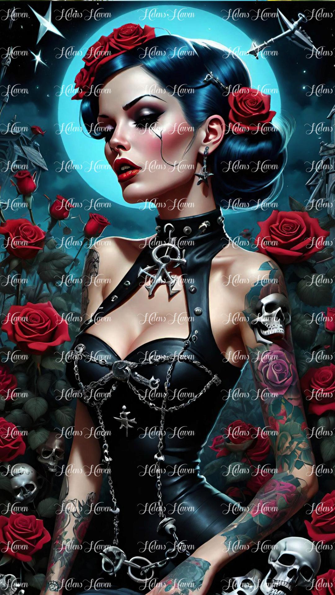 A Gothic woman draped in black attire emerges, her silhouette accentuated by the crimson glow of red rose tattoos adorning her porcelain ski
