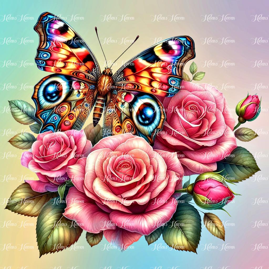 An orange butterfly rests gently on the petals of pink roses
