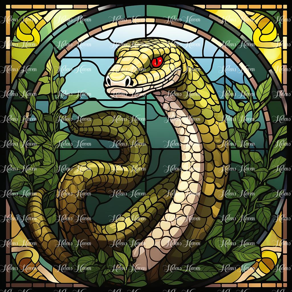 A stained glass green snake slithers gracefully, its sinuous form depicted in shades of emerald and jade,