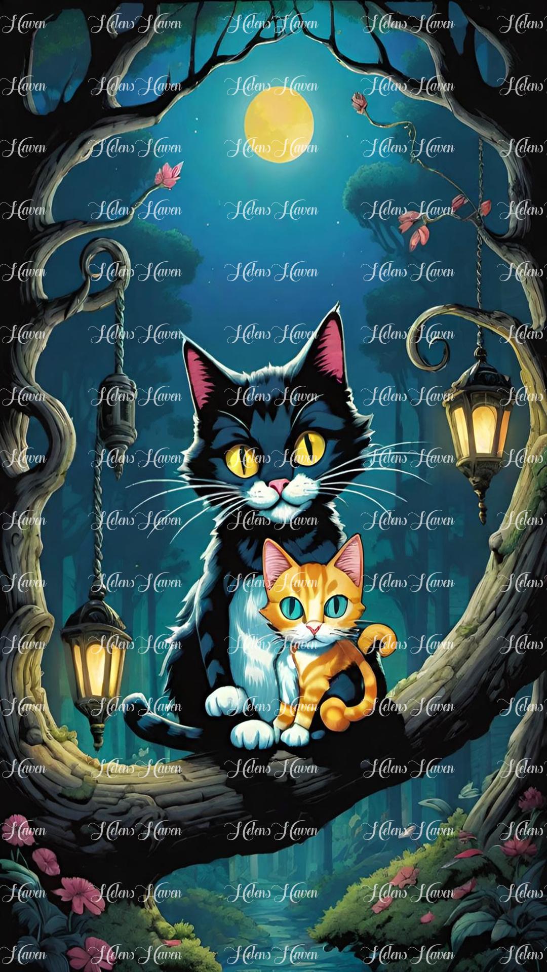 In an enchanted forest, two playful kittens frolic among the branches of a majestic tree