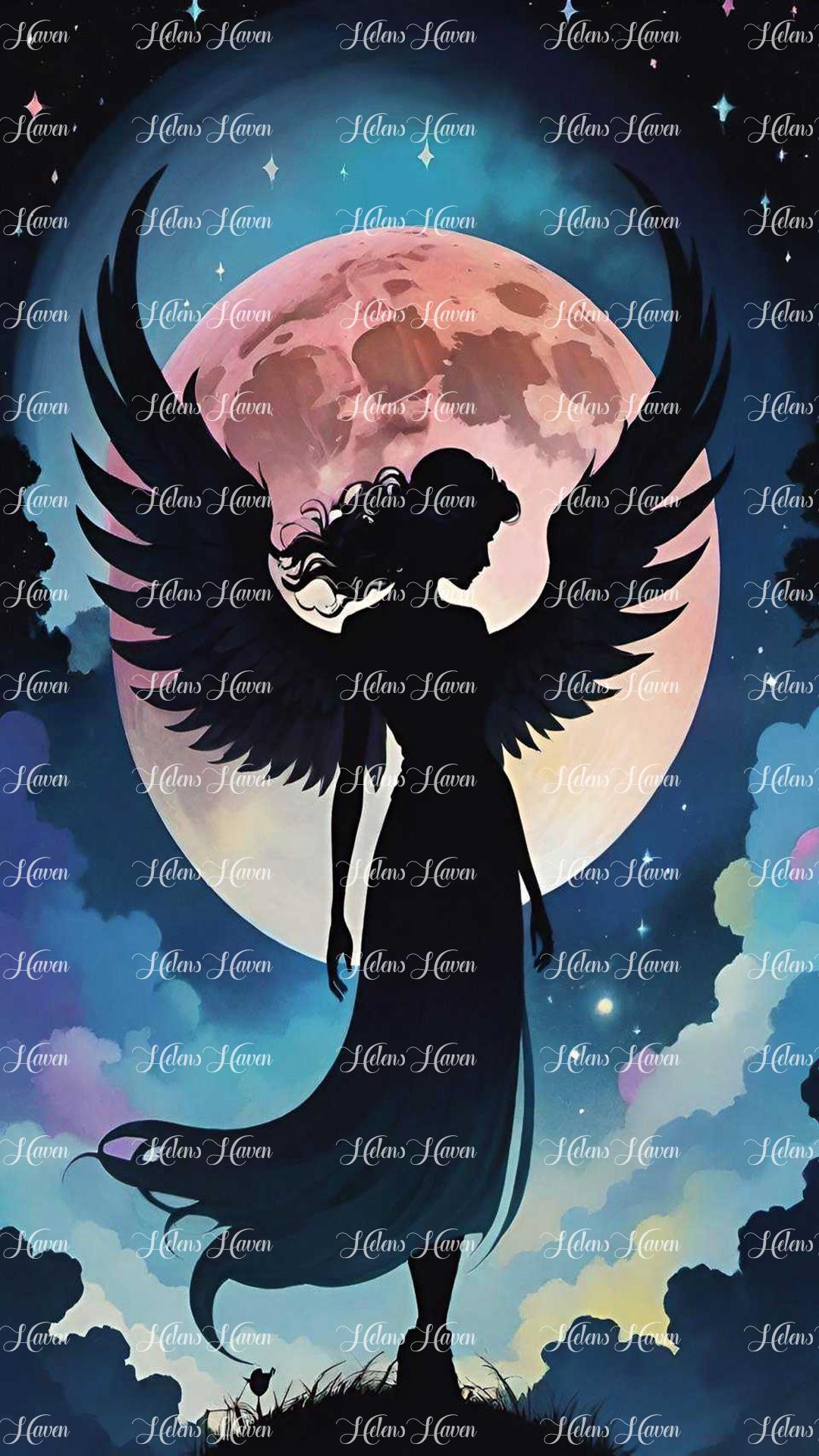 Against the backdrop of a glowing full moon, the silhouette of an angel stands in serene contemplation