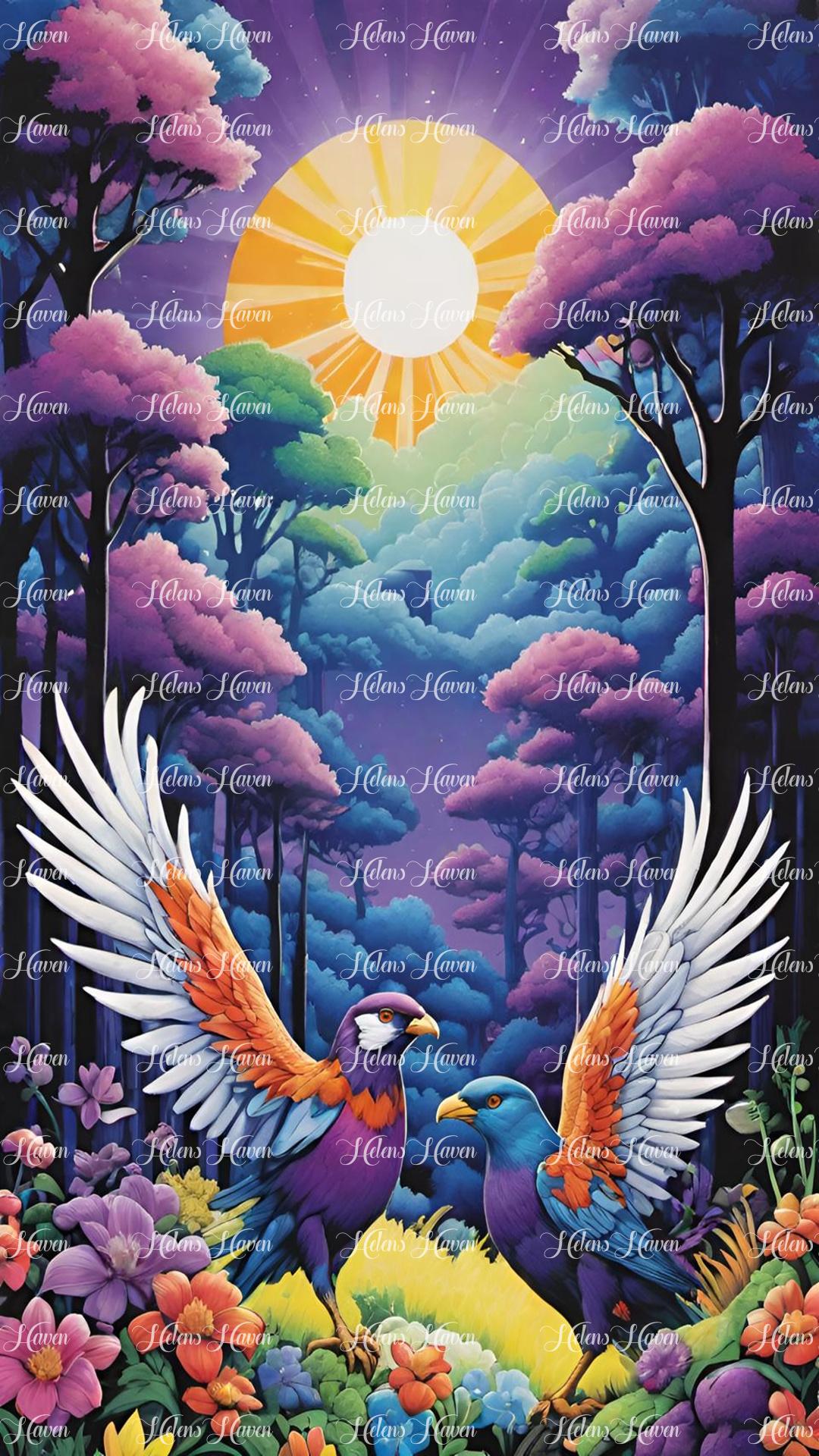 In the tranquil forest at dawn, two birds stretched their wings gracefully, greeting the new day