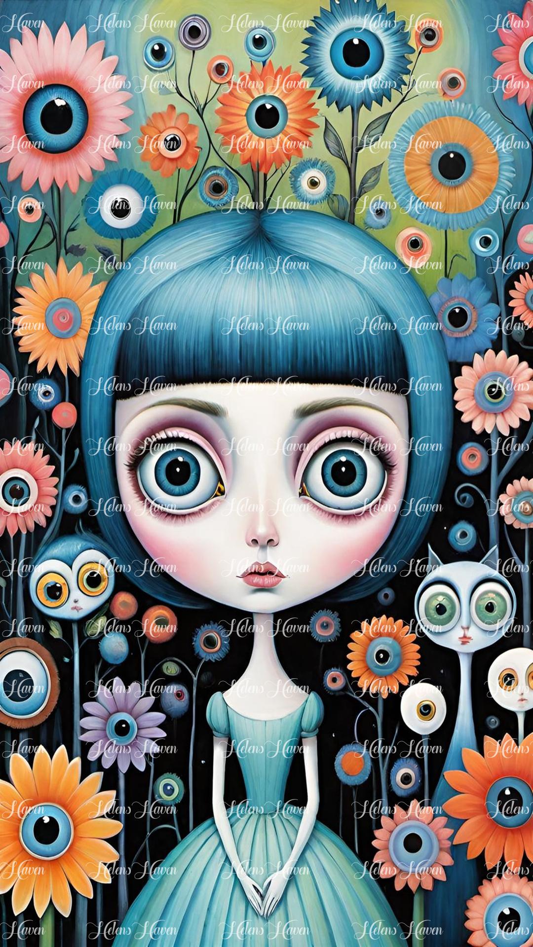 In this enchanting depiction, the girl with wide eyes amid a field of eyed flowers