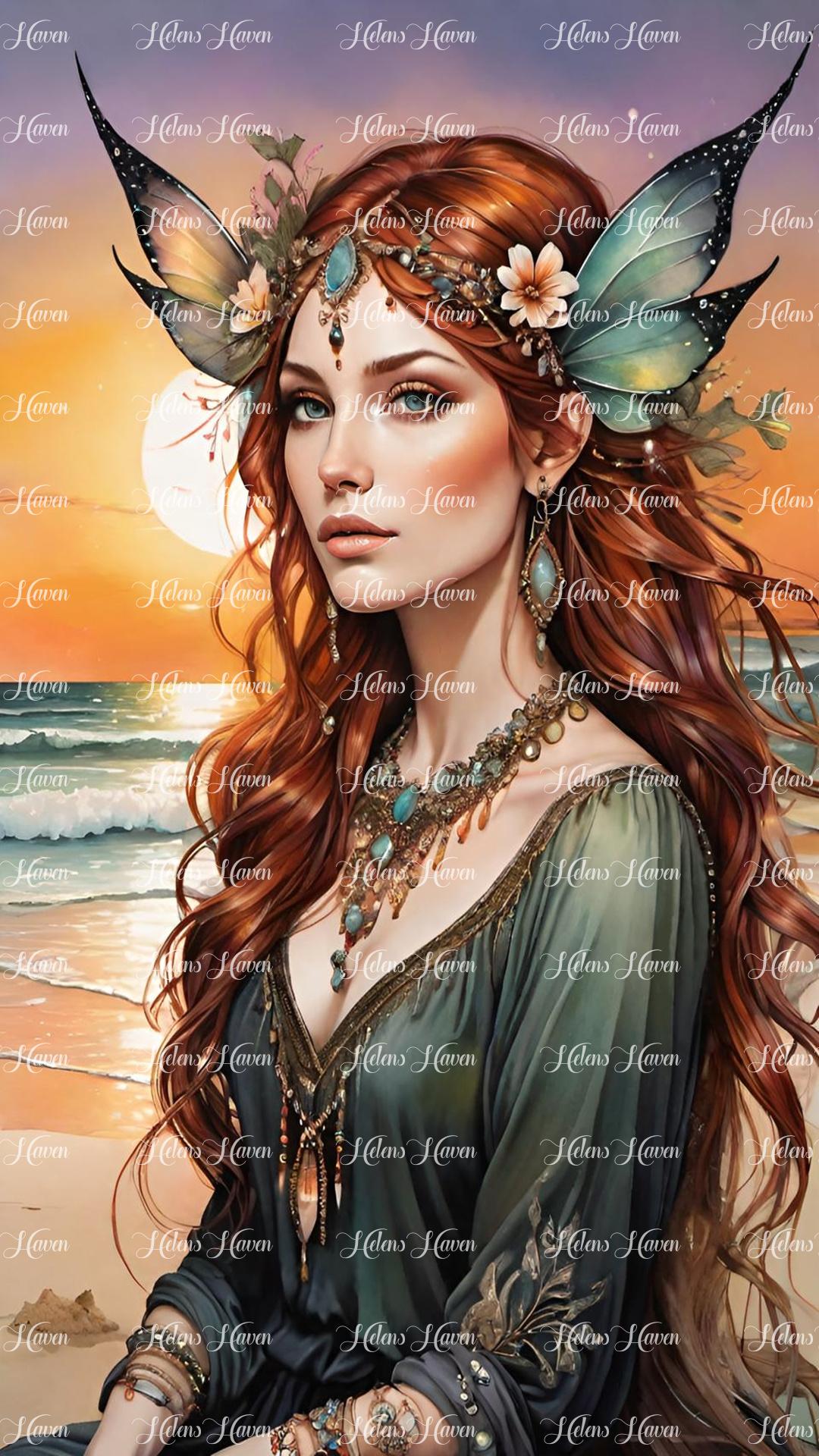 A gorgeous sea nymph, her ethereal form reclining gracefully on the sandy beach as the sun sets in a blaze of warm hues on the horizon.
