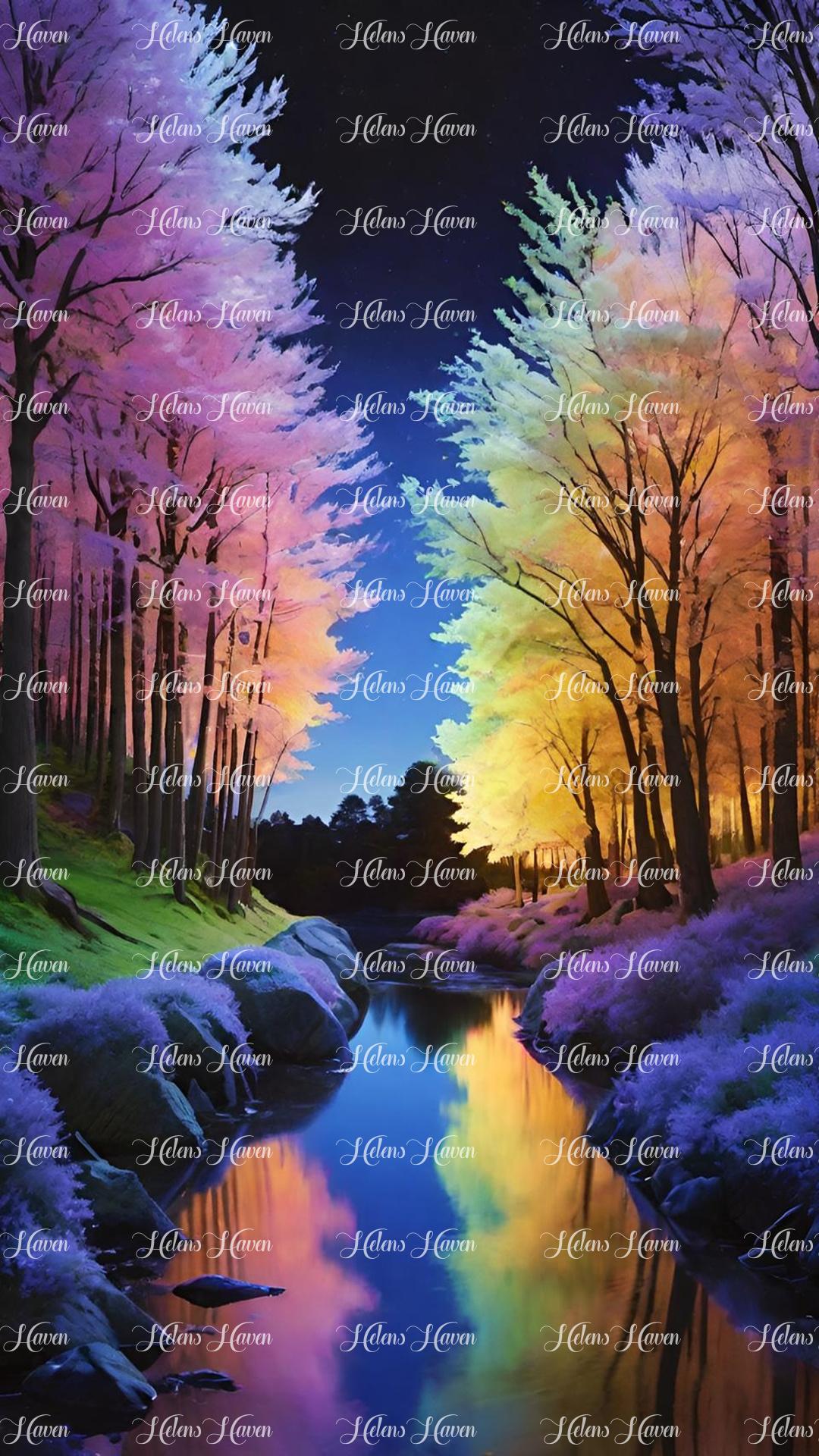 In a stunning scene, a river runs through tall, magnificent pink and golden-hued trees, their vibrant colors mirrored perfectly in the calm waters below.
