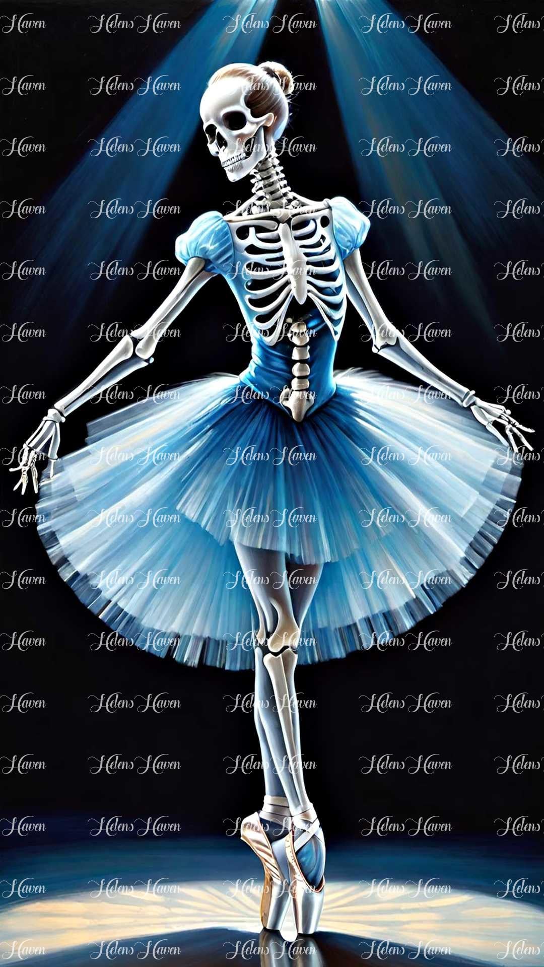 A skeleton ballerina adorned in a Blue tutu pirouettes gracefully,