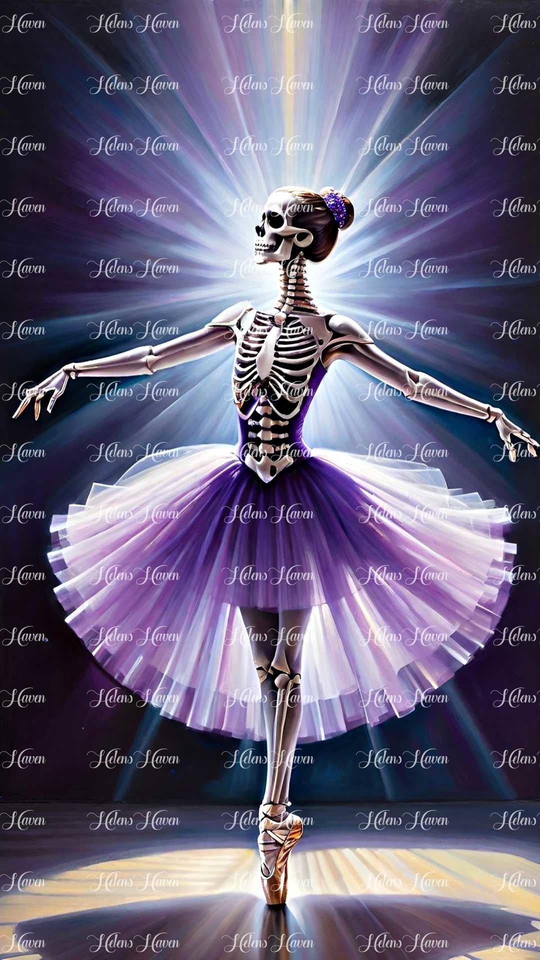 A skeleton ballerina adorned in a Purple tutu pirouettes gracefully,