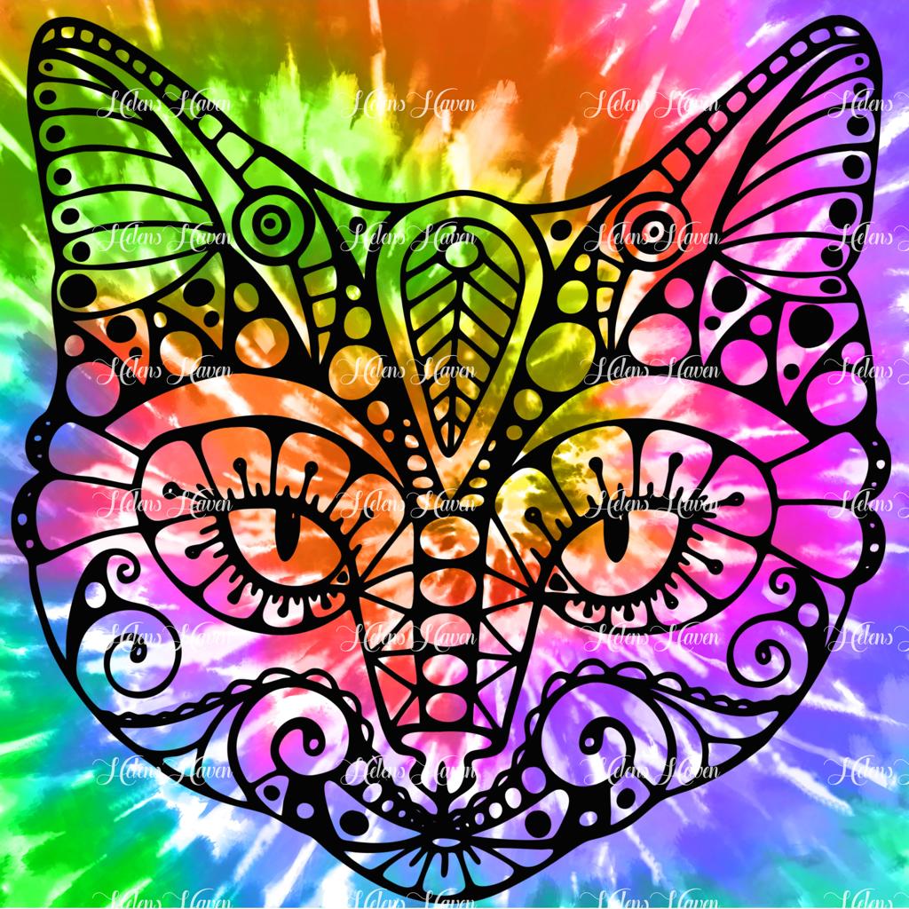 A sleek black cat is prominently featured against a vibrant tie-dye background, creating a striking visual contrast.