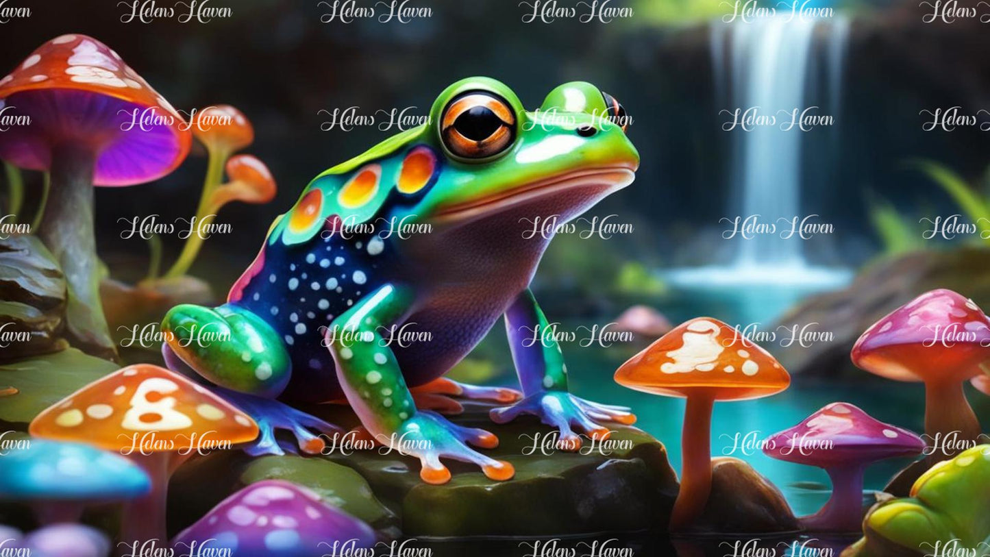 A whimsical scene features a frog surrounded by mushrooms and a serene waterfall pond.