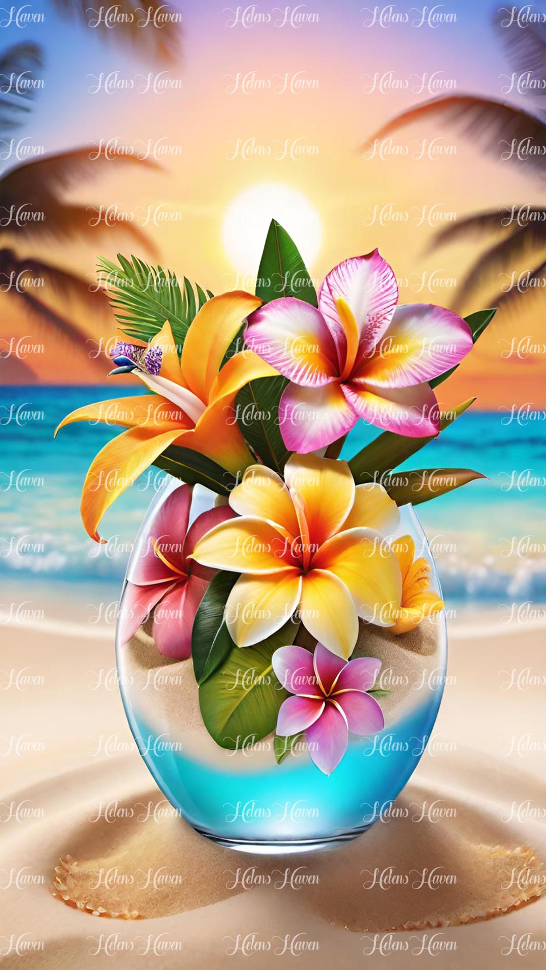 Frangipanis in a glass jar on beach at sunset