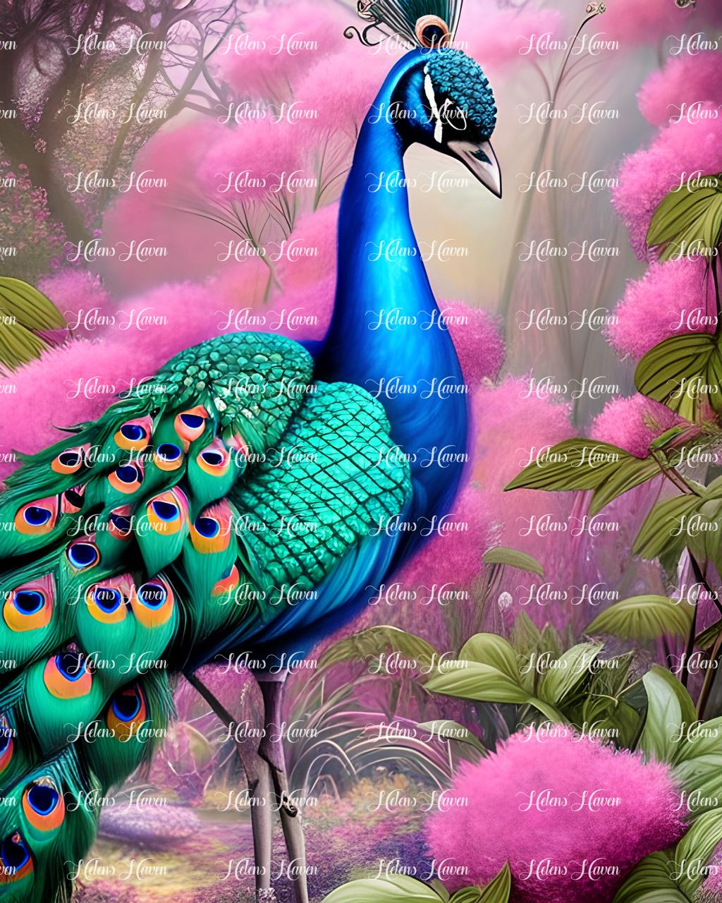 Stunning peacock in pink flowers