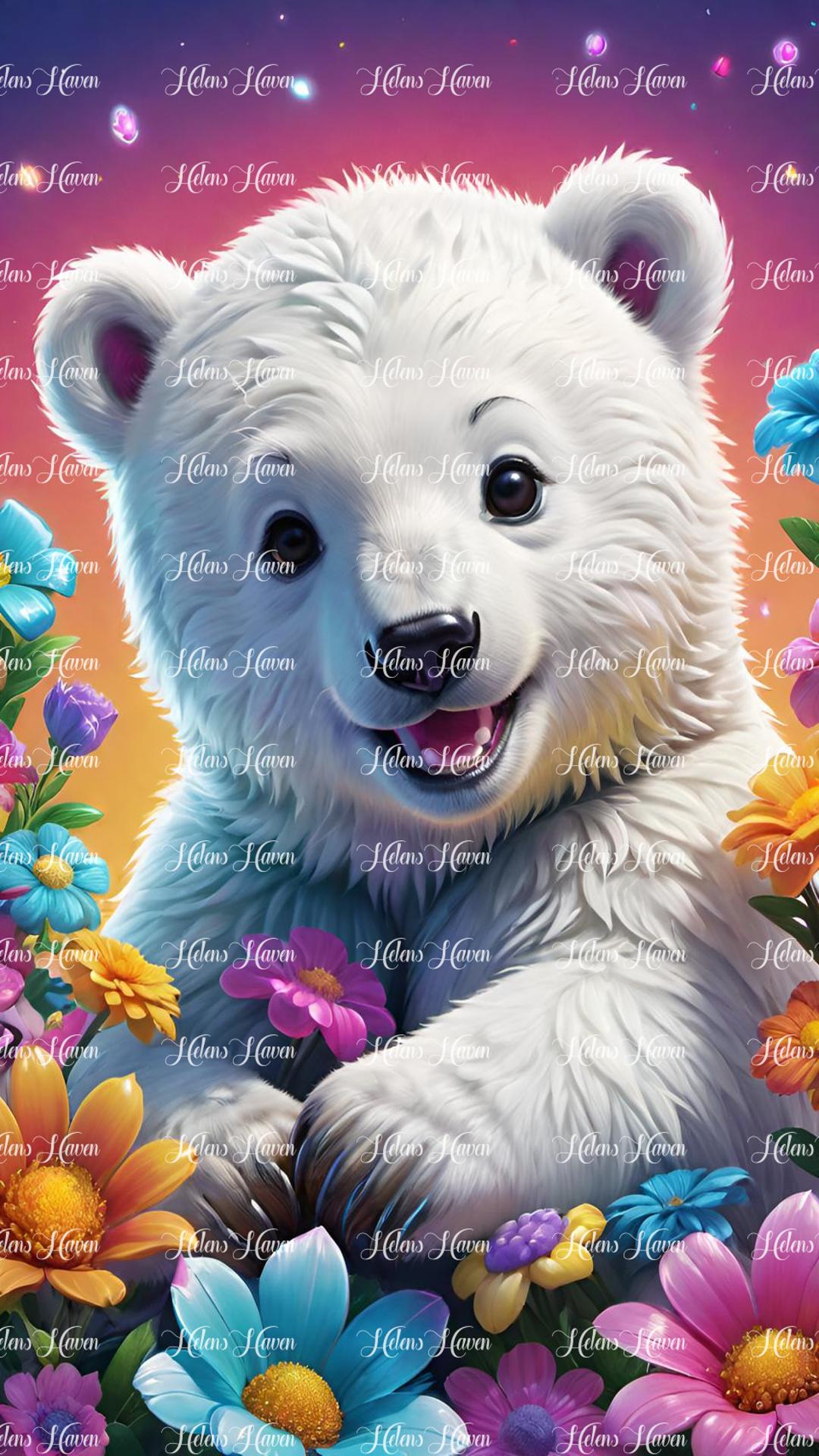 Polar bear playing with flowers