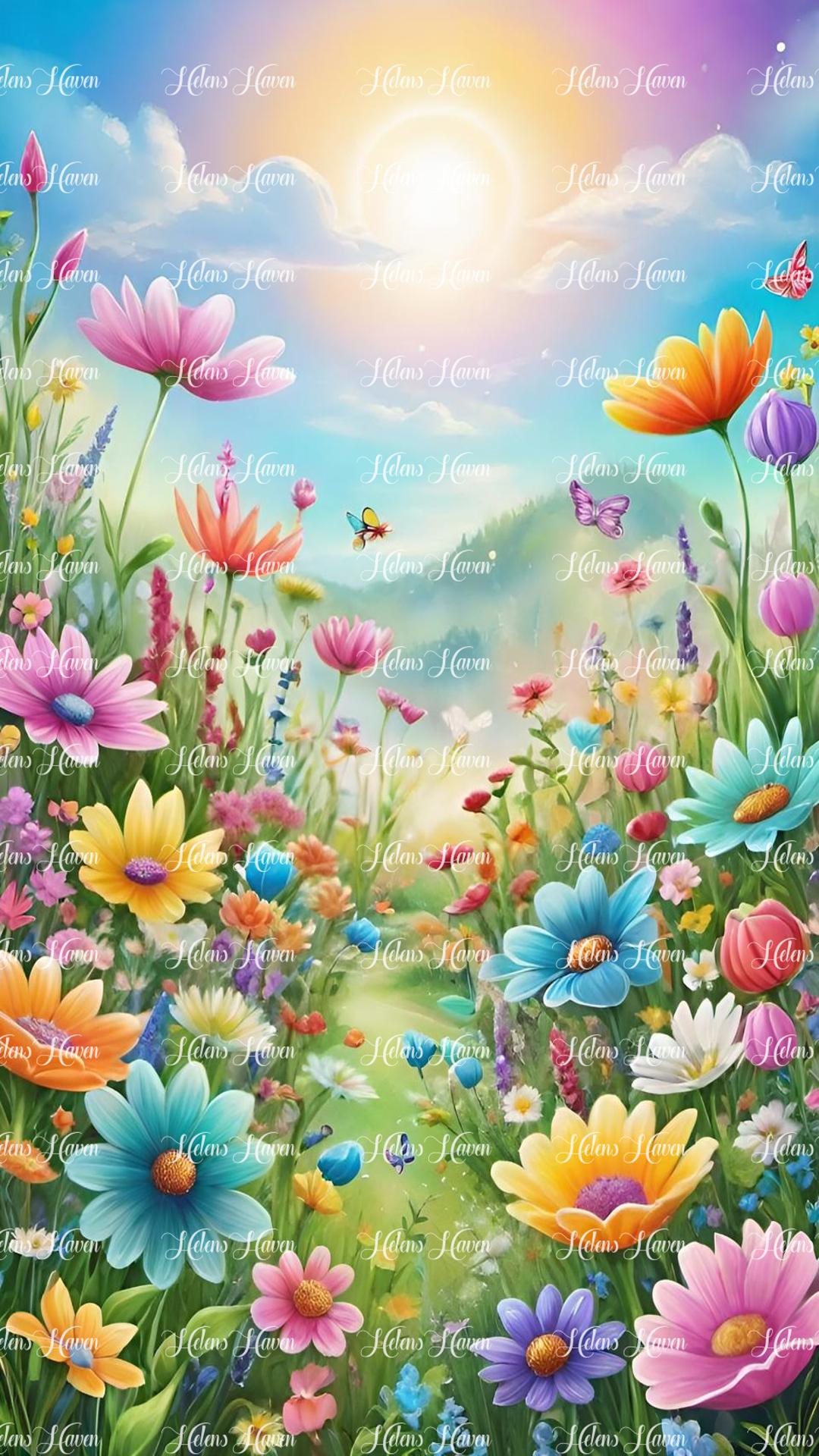 Colourful field on flowers in the sunshine