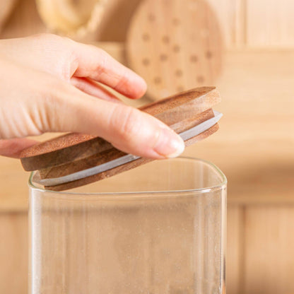 Square Glass Storage Jar with Acacia Wooden Lid - 680ml