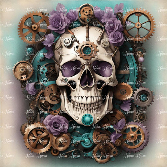 Steampunk skull with cogs, gears and roses in pastel lilac and pastel teal