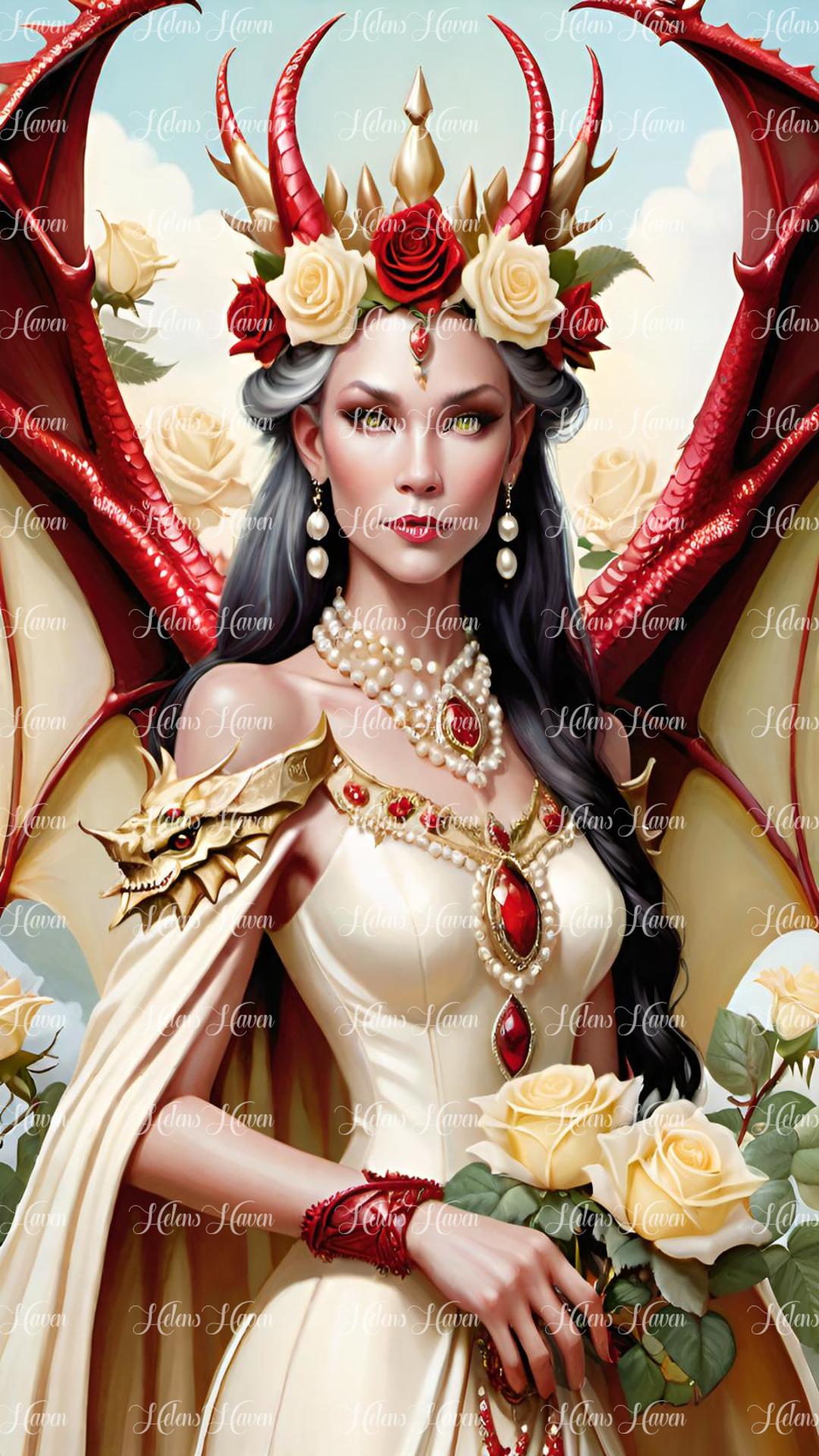 Dragon Queen with black hair in red and cream with roses