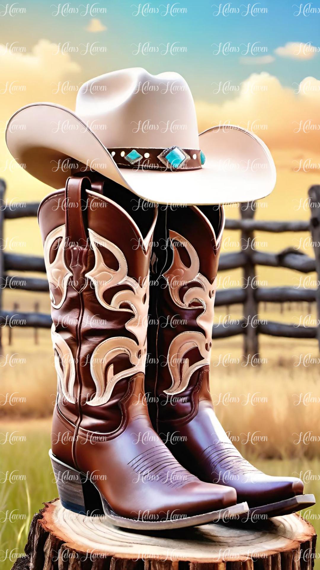 Brown cowboy boots with cream hat