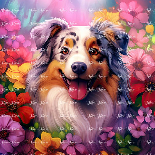 Australian shepherd in flowers