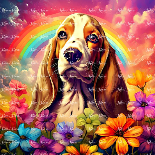 Basset hound in flowers