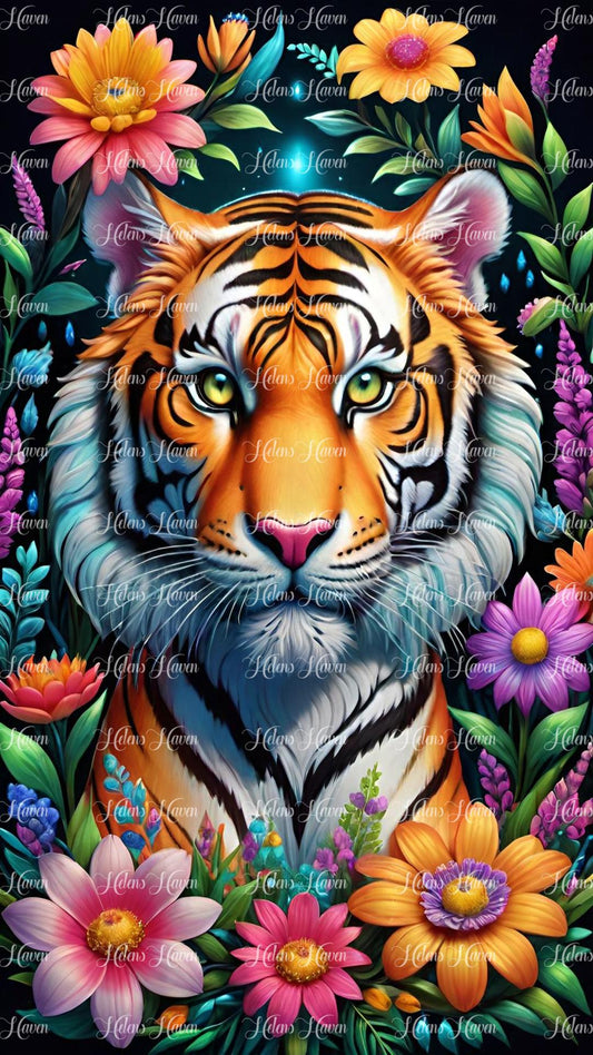 Tiger amid colourful flowers