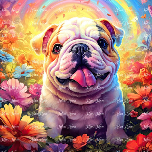 Bulldog amid flowers