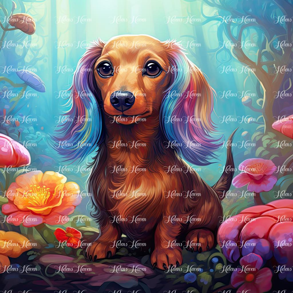 Dachshund in a flower forest