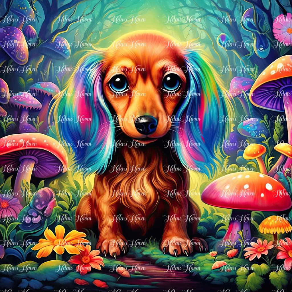 Dachshund in a mushroom forest