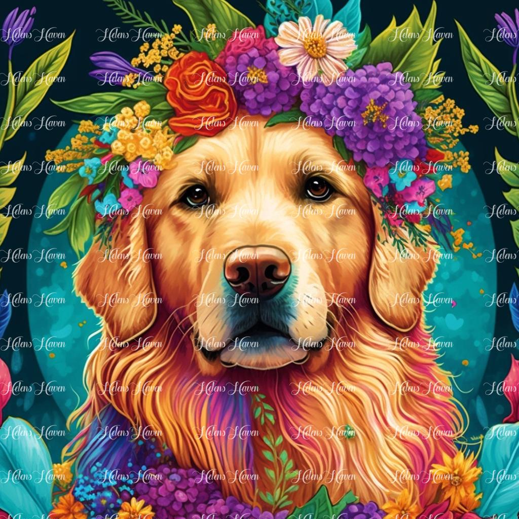 Golden labrador in flowers