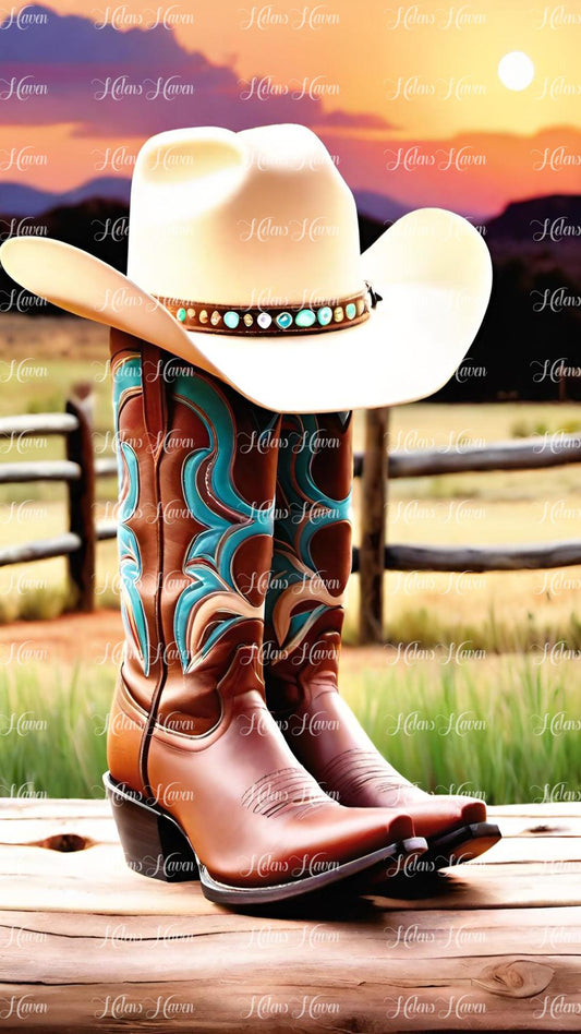 Tan cowboy boots with cream hat at sunset