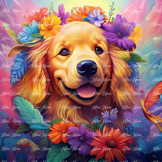 Golden retriever in flowers