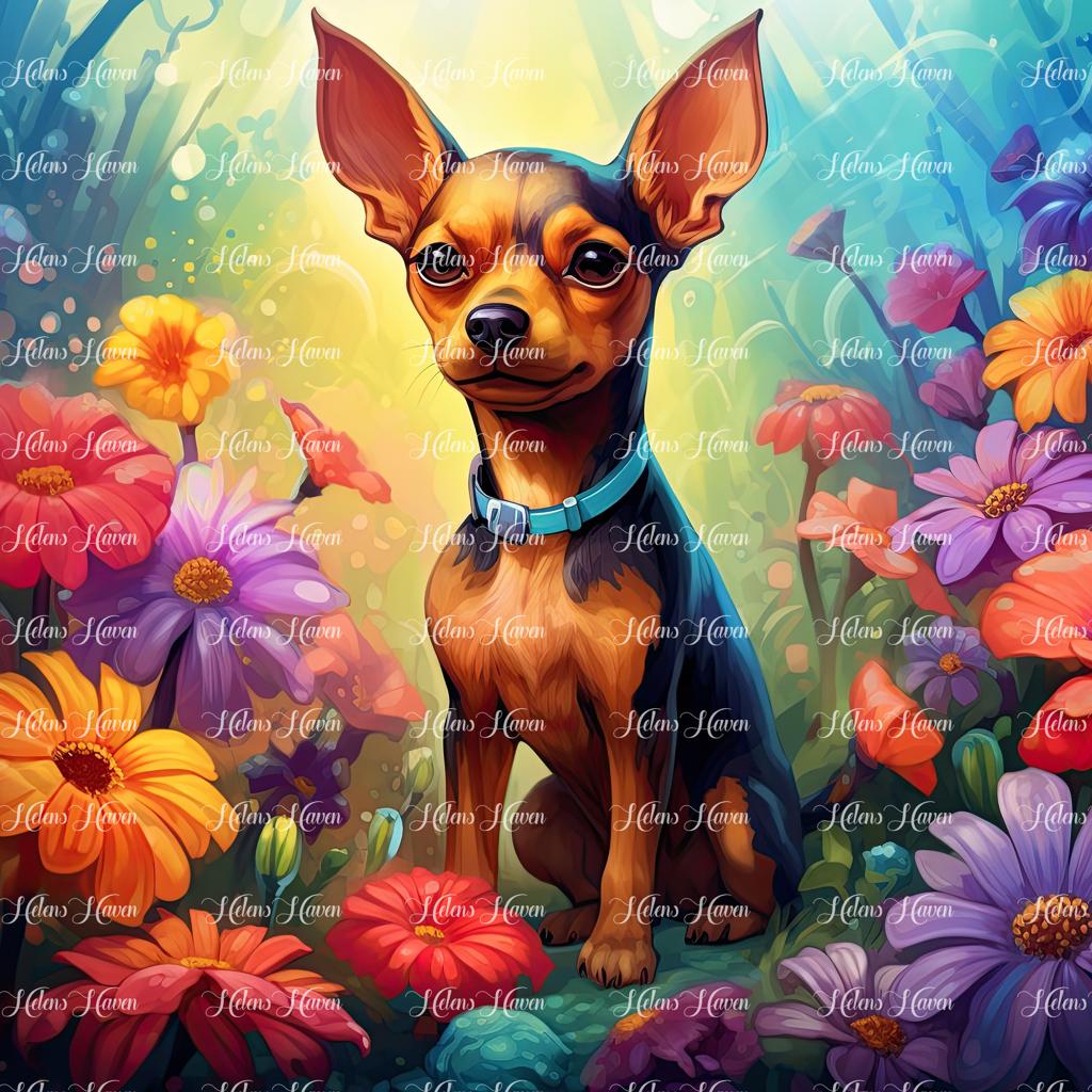 Cute Pinscher in flowers