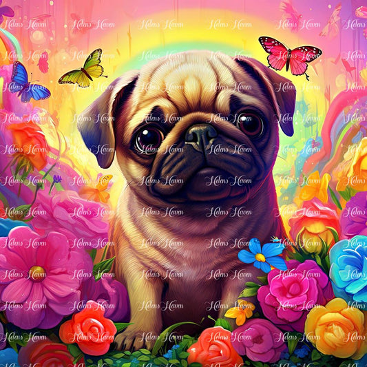 Pug puppy in flowers