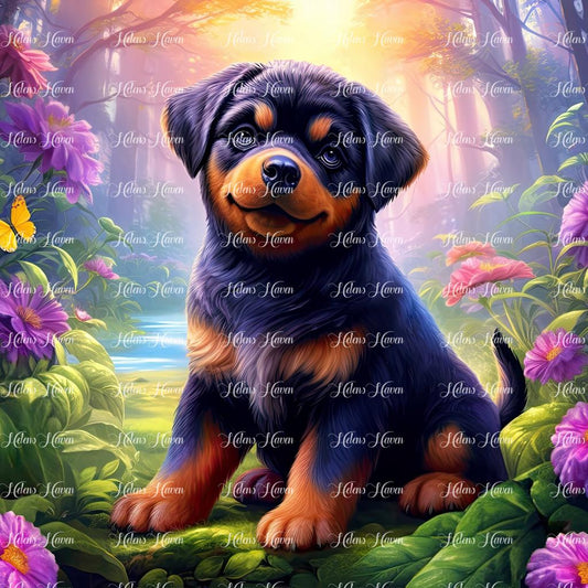 Rottweiler Pup in flowers