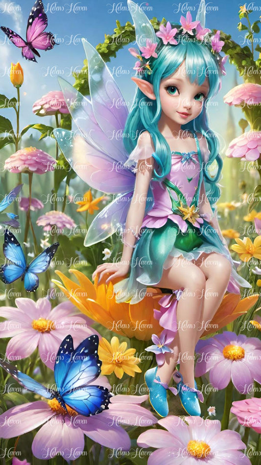 Cute teal and pink fairy sitting on a yellow flower