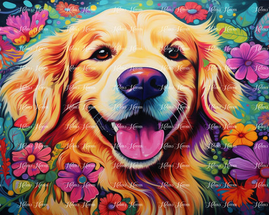 Happy golden Labrador in flowers