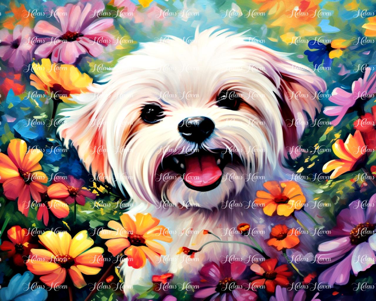 White Maltese in a field of flowers 