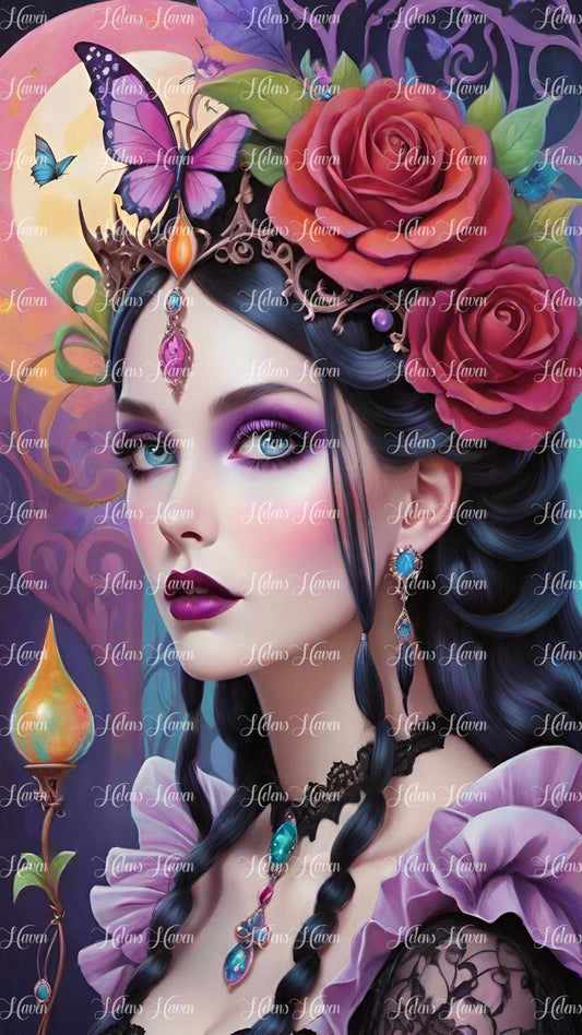 Gothic girl with red roses in her hair and purple puffy sleeves