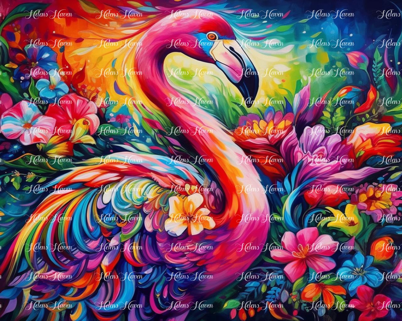 Flamingo in neon flowers