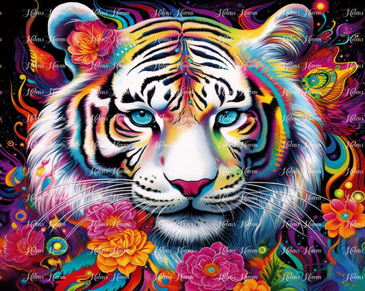White Tiger surrounded by neon flowers