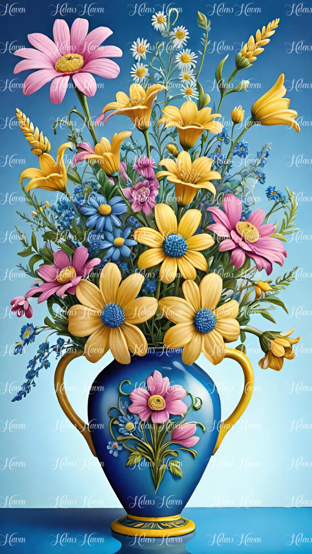 Colourful wild flower arrangement in a blue vase