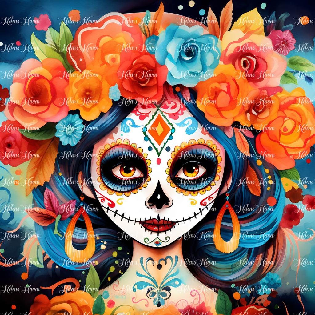 Sugar skull adorned with orange flowers