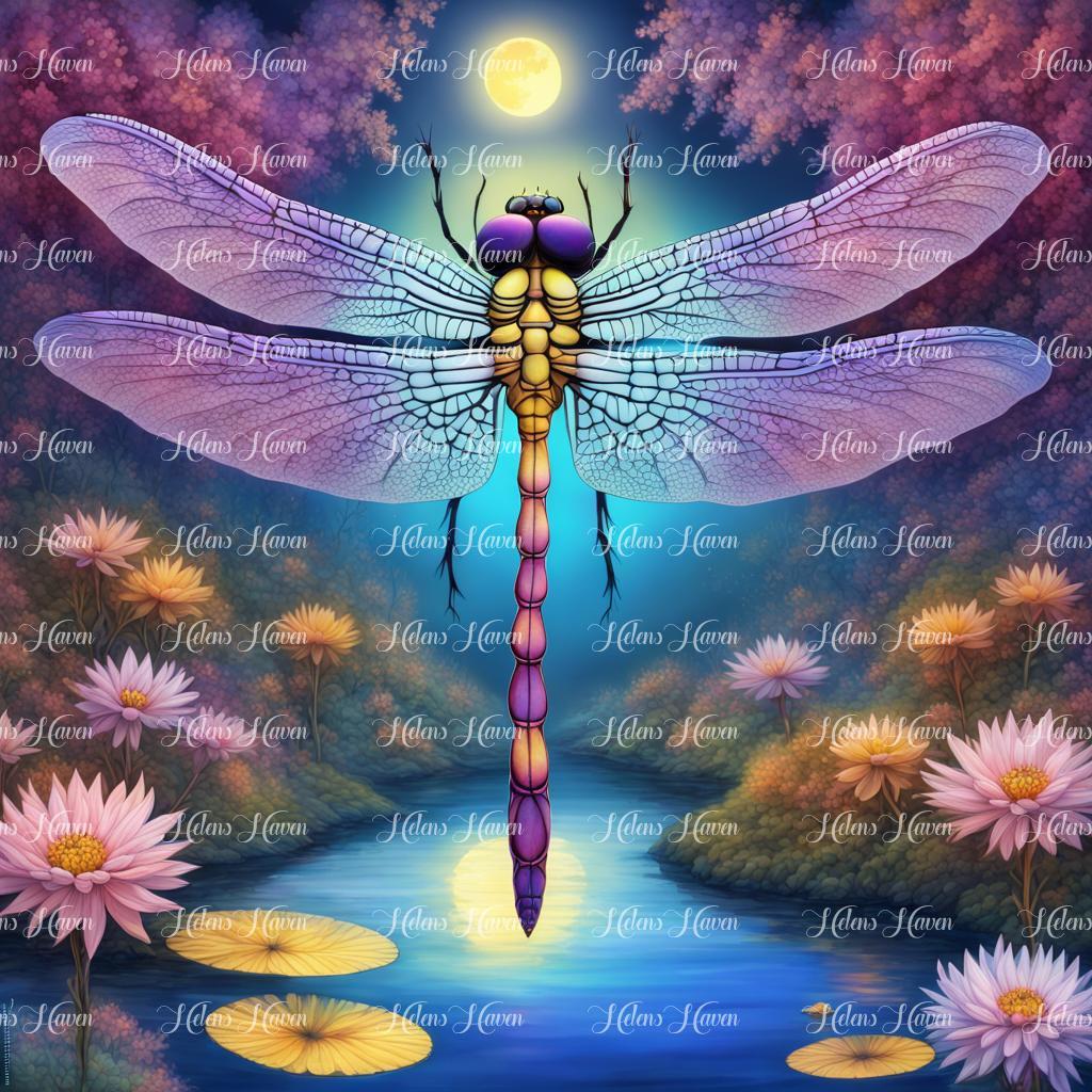 Dragonfly over a pond in the moonlight