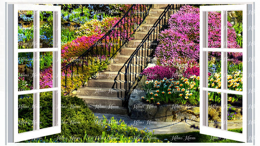 Stairs leading up a flower covered hill