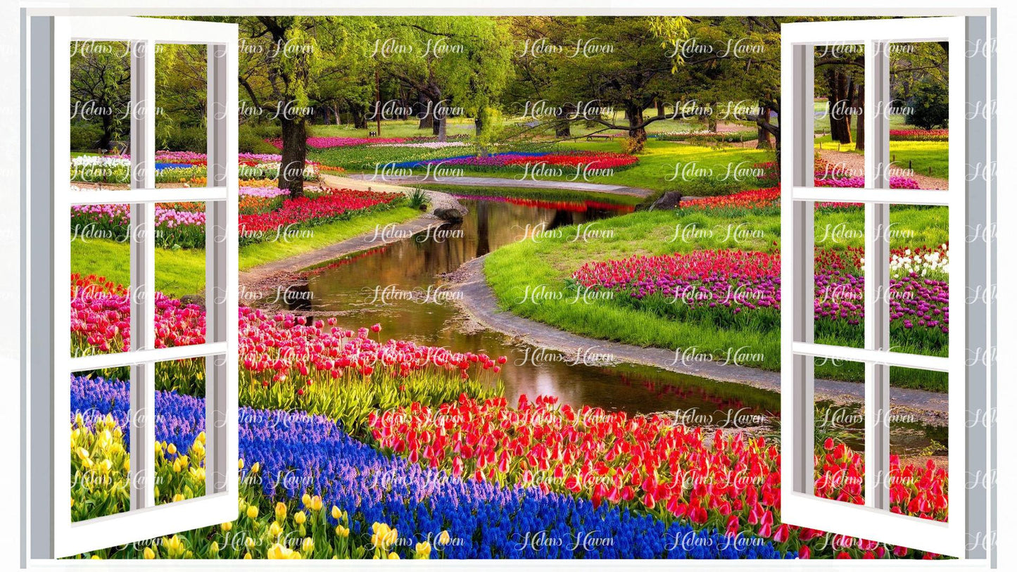 Tulips among a river